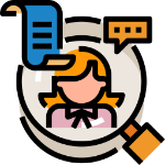 icon showing a person highlighted by a magnifying glass with a list next to them