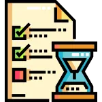 Icon of a checklist and hour glass depicting planning and speed of service
