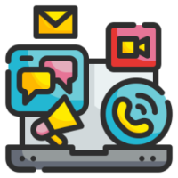 icon showing different methods of promotion, video telephone, social media and email