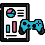 Icon depicting pie chart and bar chart and video games controller