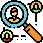 icon showing three people with a magnifying glass above one of the people